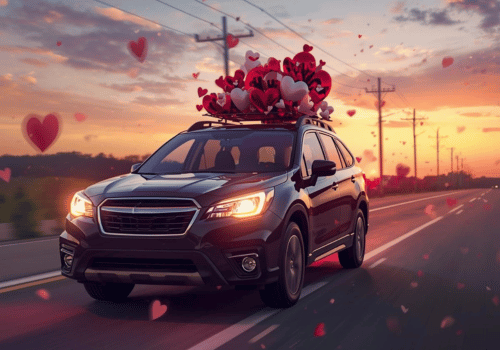 A dark-colored SUV driving down a road at sunset with red and pink heart shapes floating.