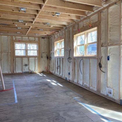 A large room with a lot of windows and foam on the walls.