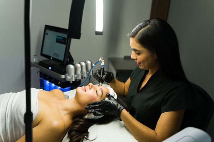 Aesthetician performing a facial treatment on a client lying on a bed.