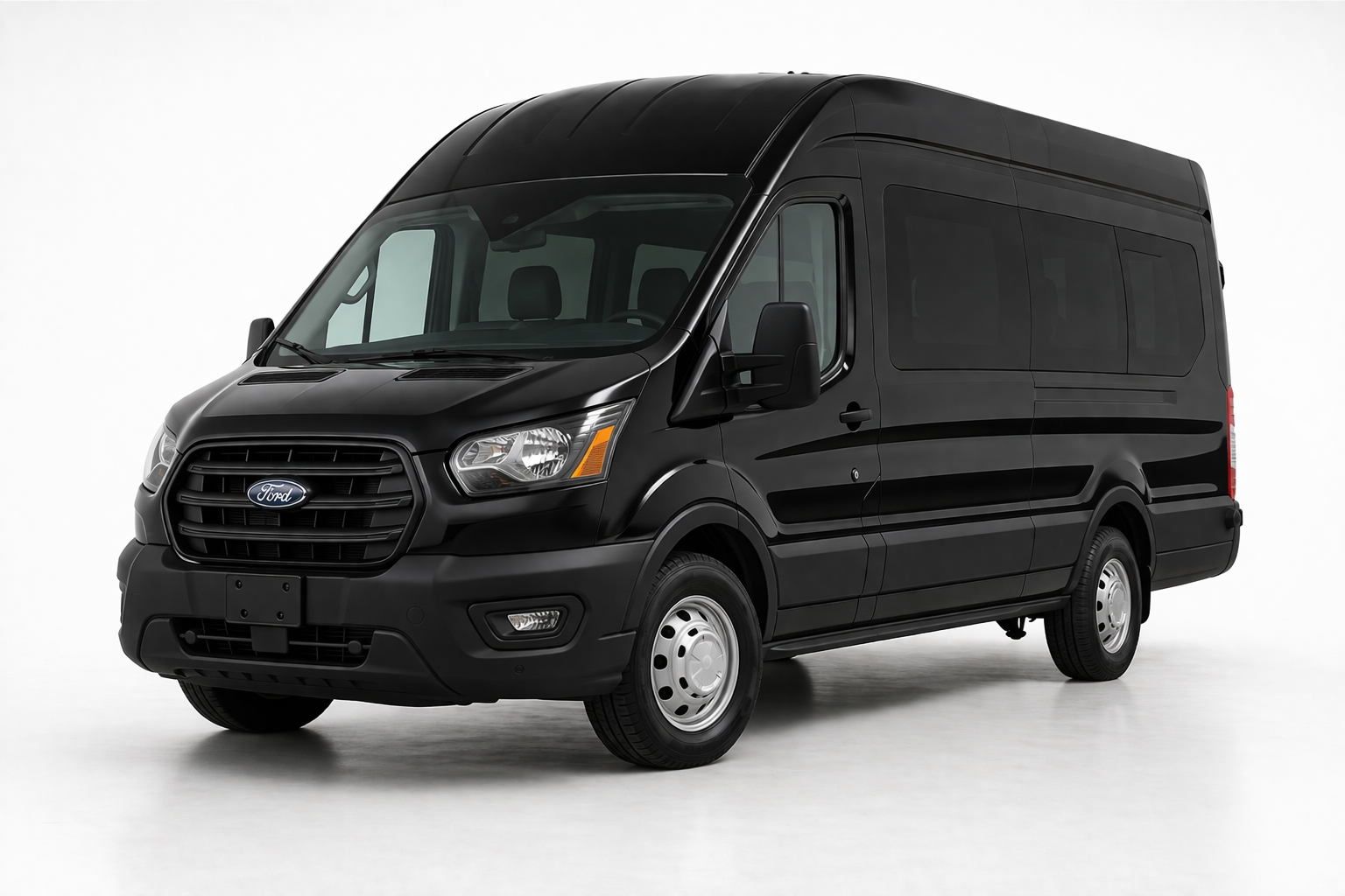 A black Ford Transit passenger van parked against a plain white background.
