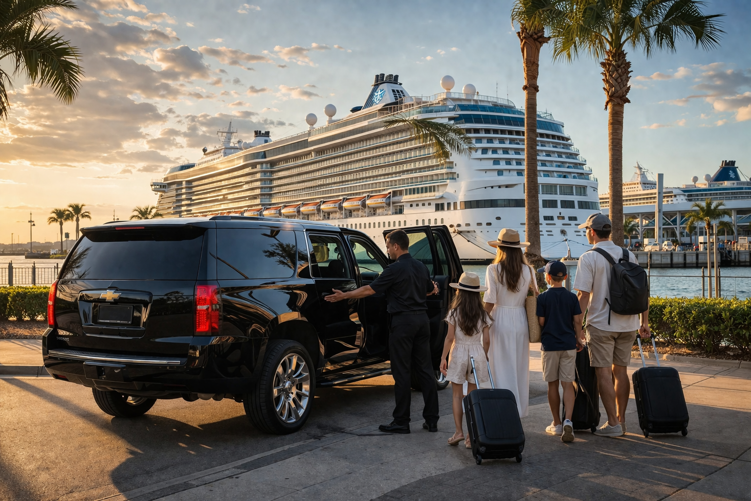 A driver assists a family with luggage by a black SUV parked at a cruise ship terminal during sunset.