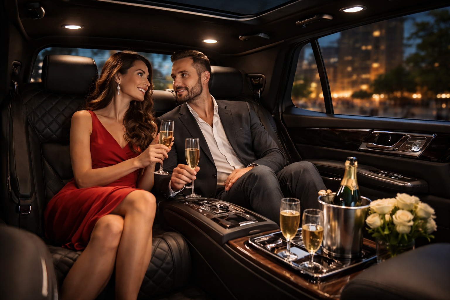 A couple shares champagne in a luxurious car interior with a city view through the window.