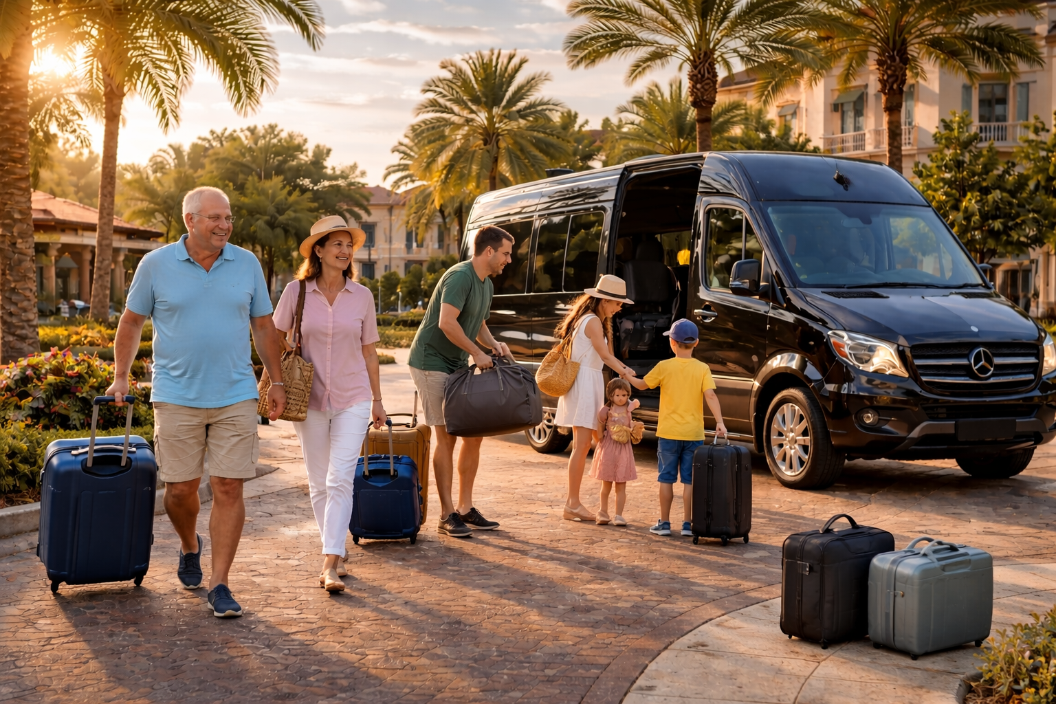 A family arrives at a resort, unloading luggage from a black passenger van parked on a paved driveway near palm trees.