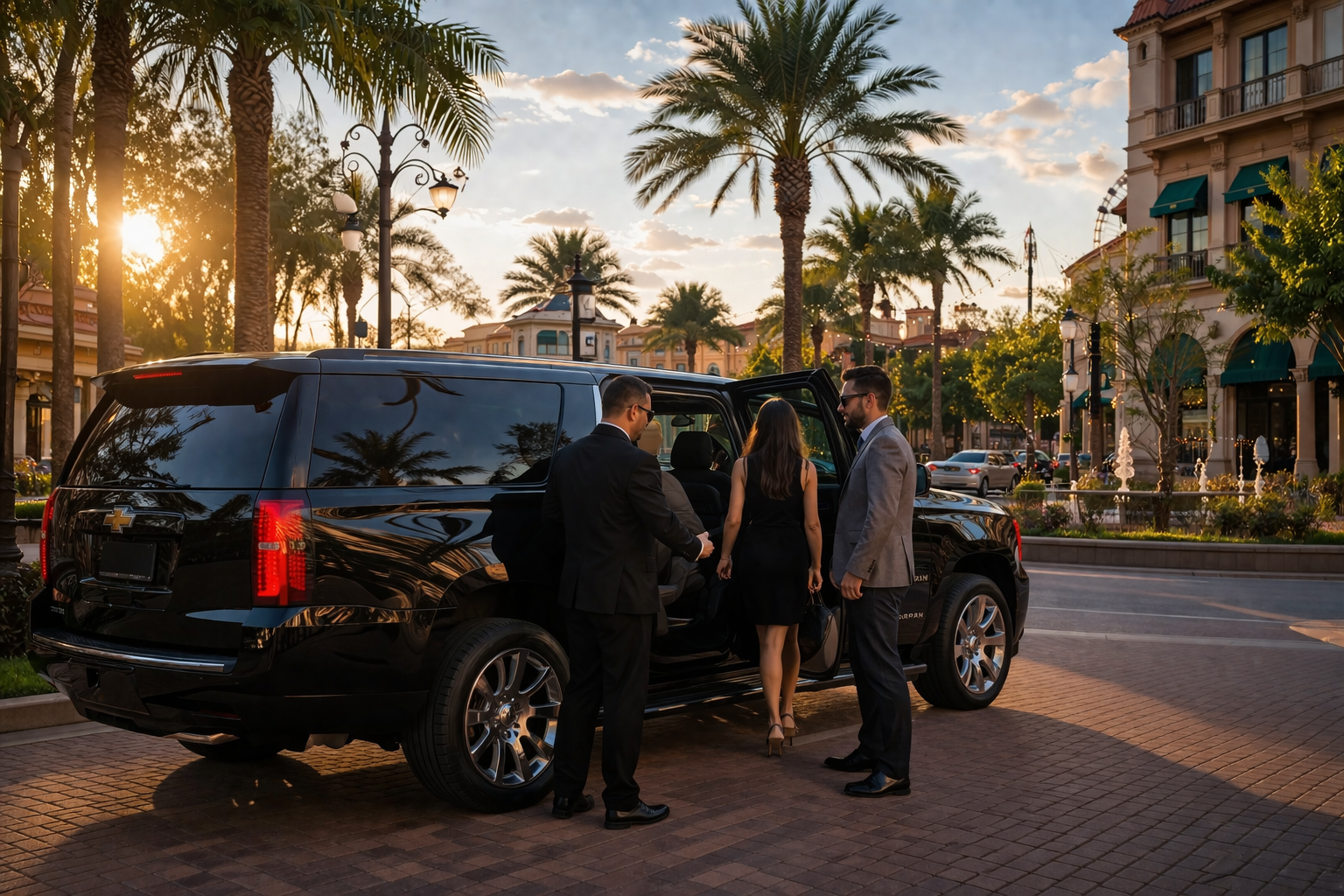 A chauffeur in a suit holds open the door of a black SUV for a passenger near palm trees in a sunlit town square.