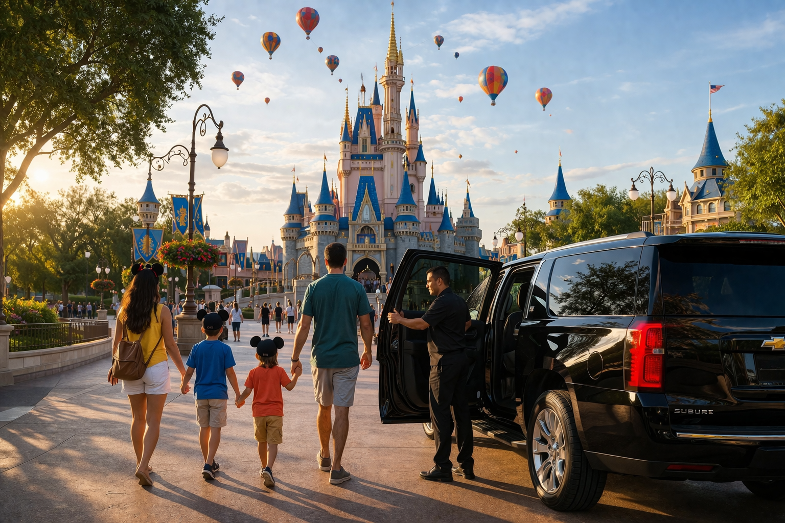 A family walks toward Cinderella Castle at Disney World as a driver stands by an open black SUV.
