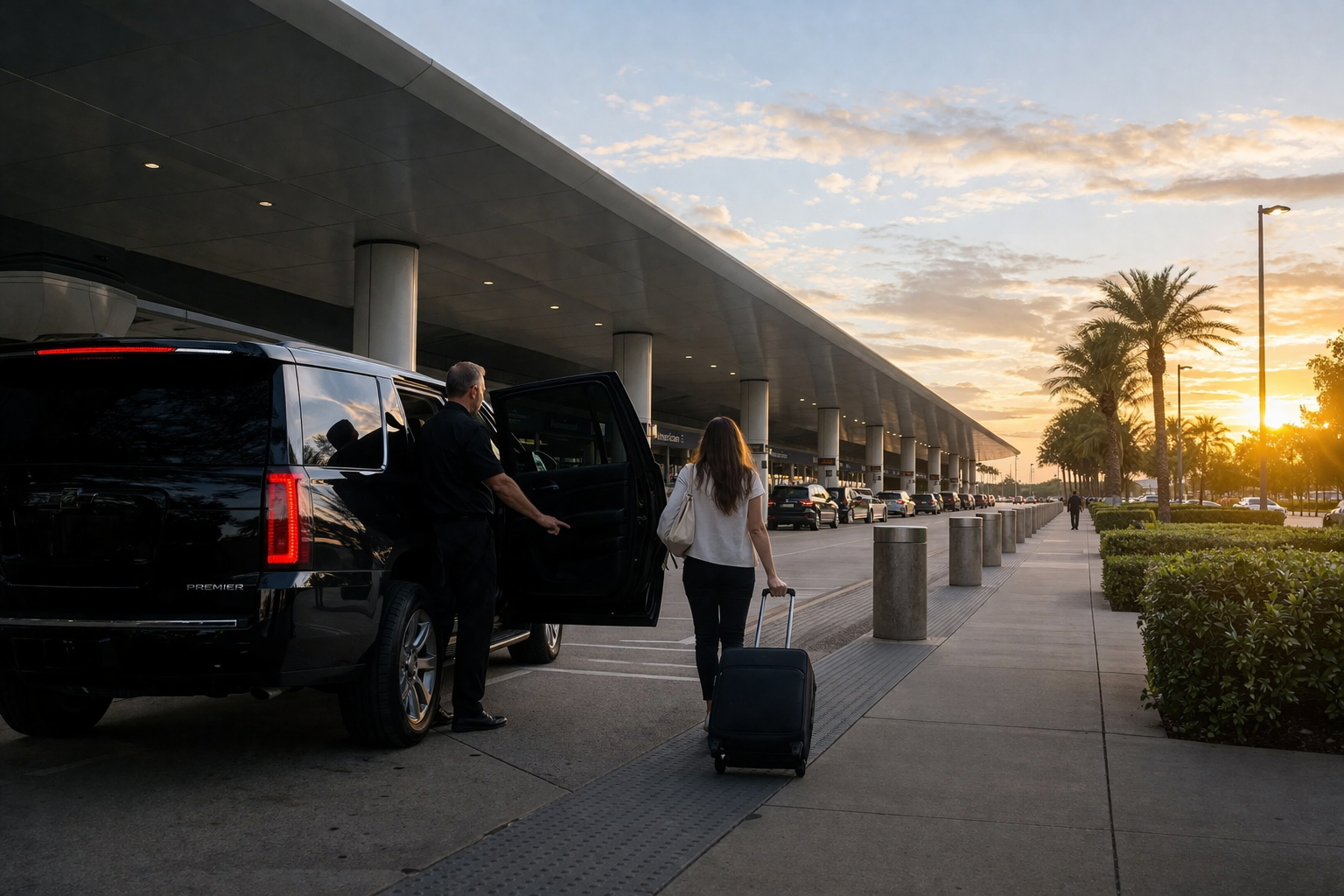 A driver holds open the door of a black SUV for a passenger with a rolling suitcase at an airport terminal at sunset.