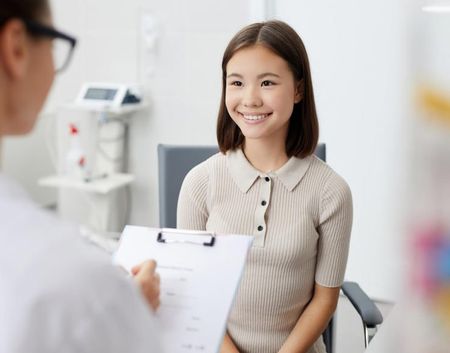 A person in a white coat holds a clipboard while consulting with a smiling individual in a medical office.