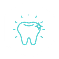 Teal line art icon of a clean, sparkling tooth with radiating lines.