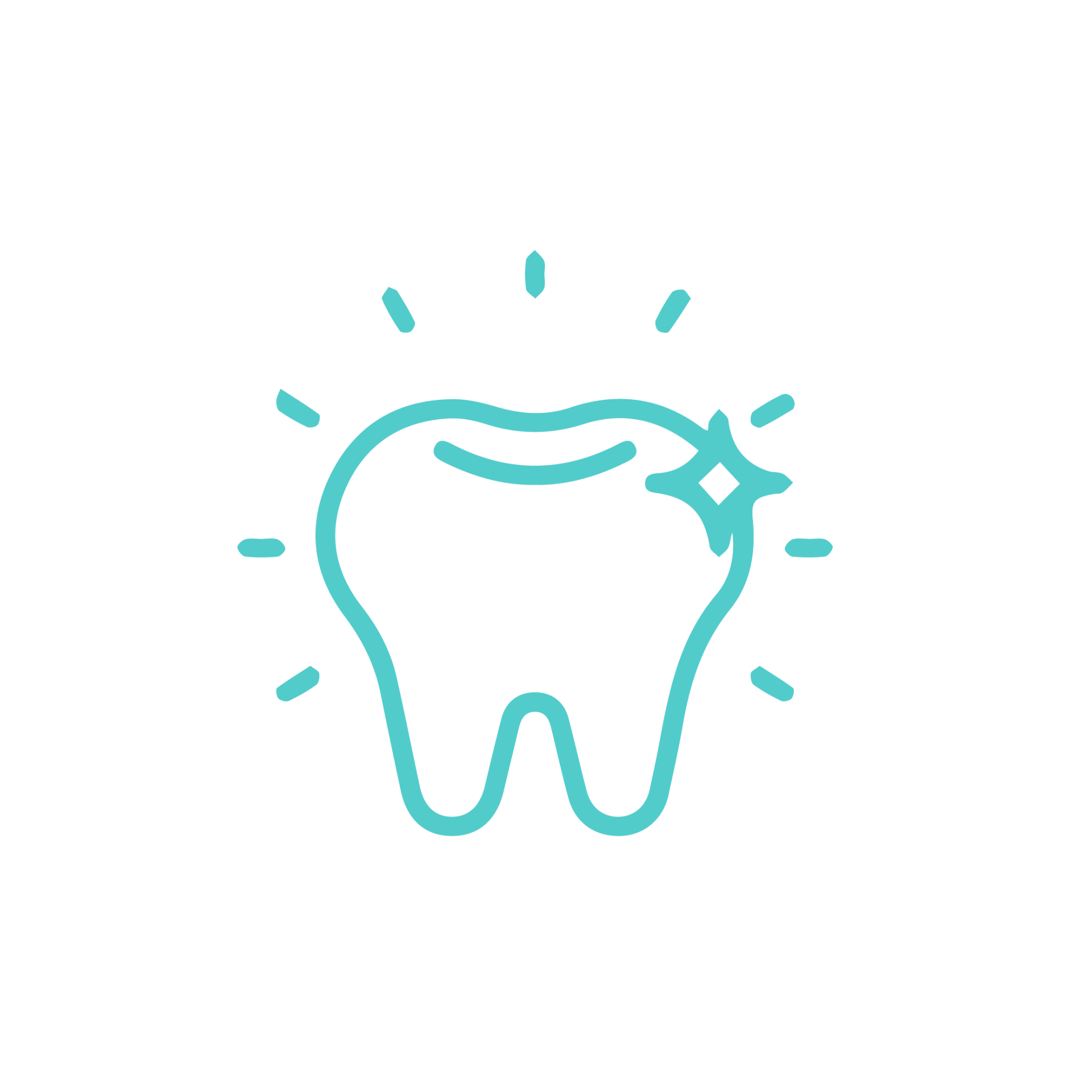 Teal line art icon of a clean, sparkling tooth with radiating lines.