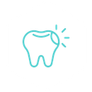 A teal line icon of a tooth with a small chip, featuring radiating lines to indicate sparkle or shine.