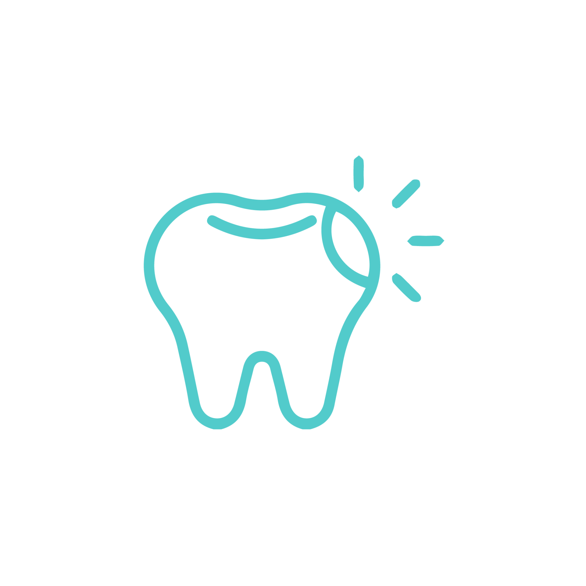 A teal line icon of a tooth with a small chip, featuring radiating lines to indicate sparkle or shine.