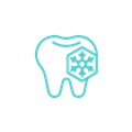 A teal, outlined icon of a tooth featuring a hexagon shape containing a snowflake design.