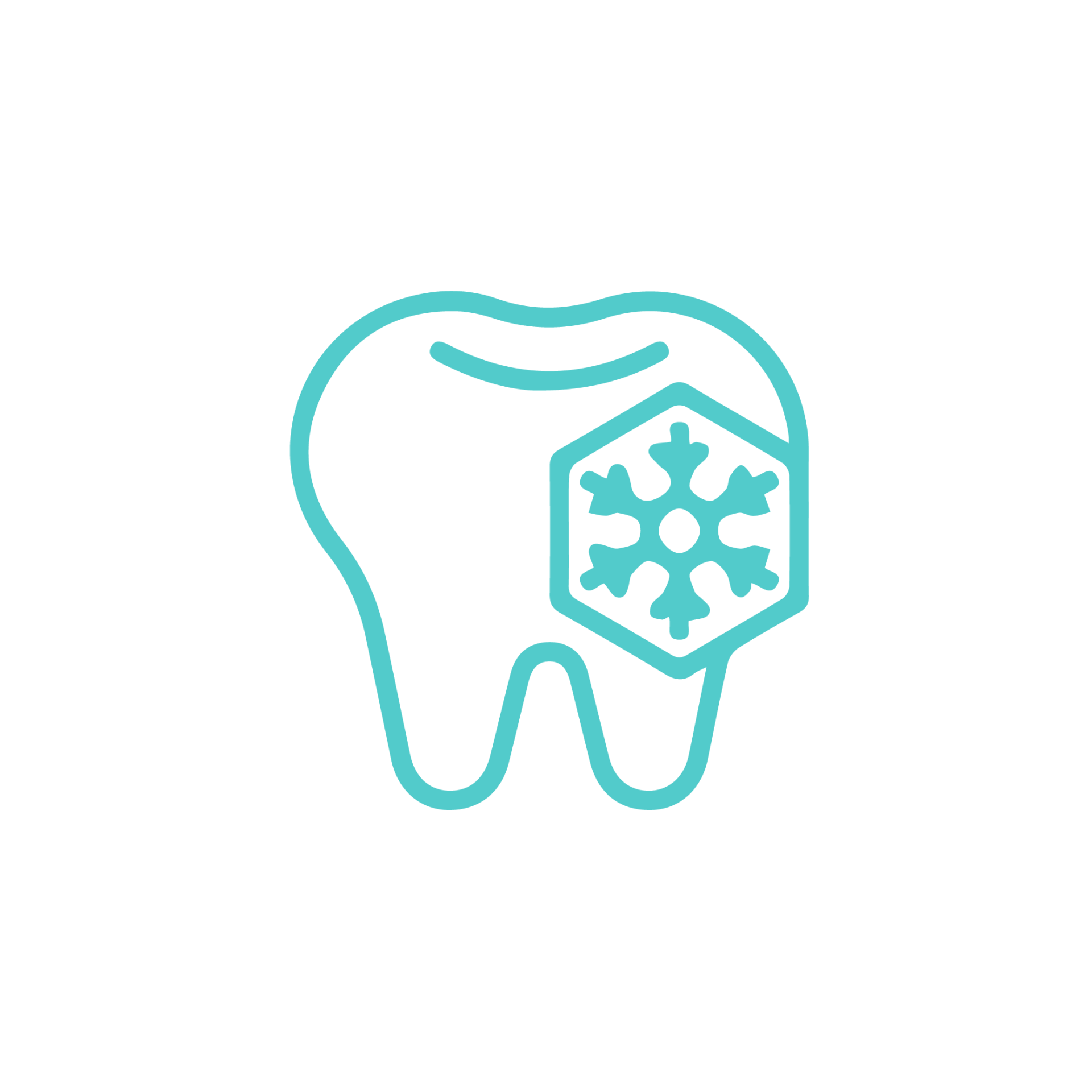 A teal, outlined icon of a tooth featuring a hexagon shape containing a snowflake design.
