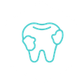 A teal-colored line drawing of a tooth featuring two cavities on its sides and a groove on the chewing surface.