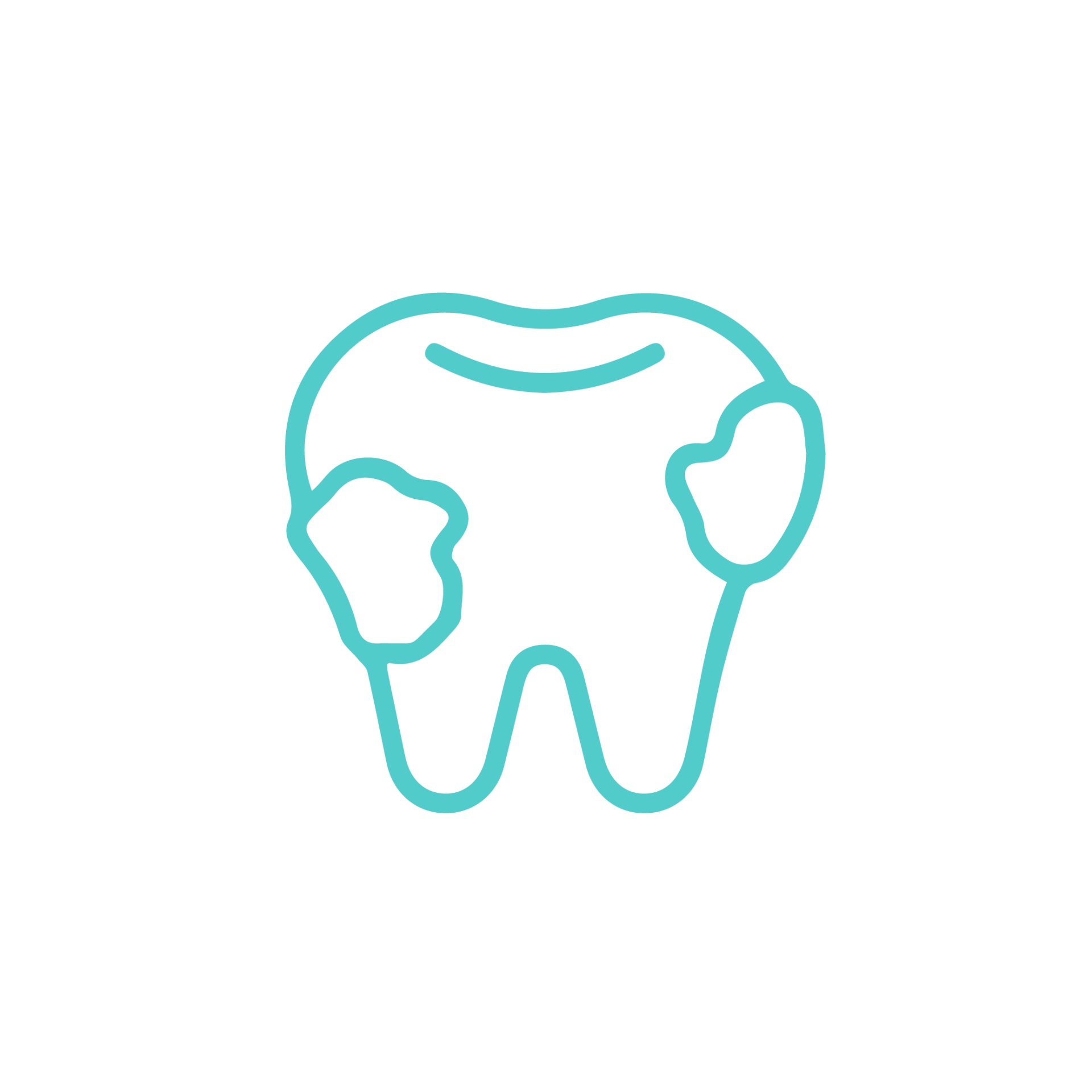 A teal-colored line drawing of a tooth featuring two cavities on its sides and a groove on the chewing surface.