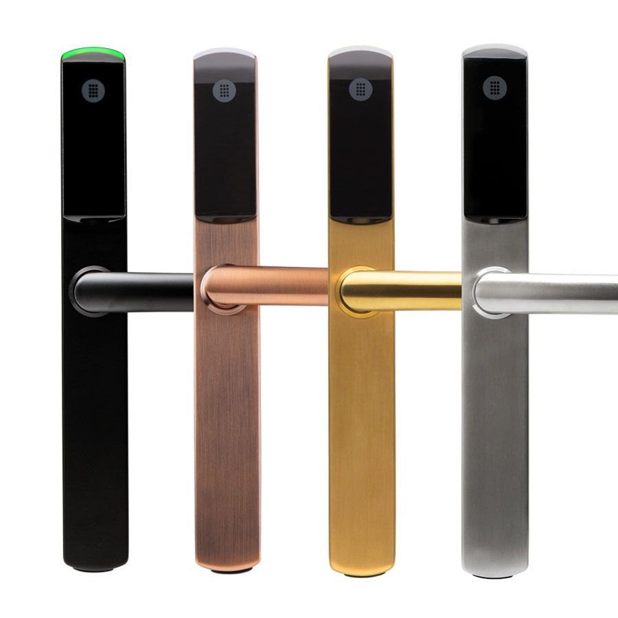 Four modern smart door handles in black, copper, gold, and silver finishes on a white background