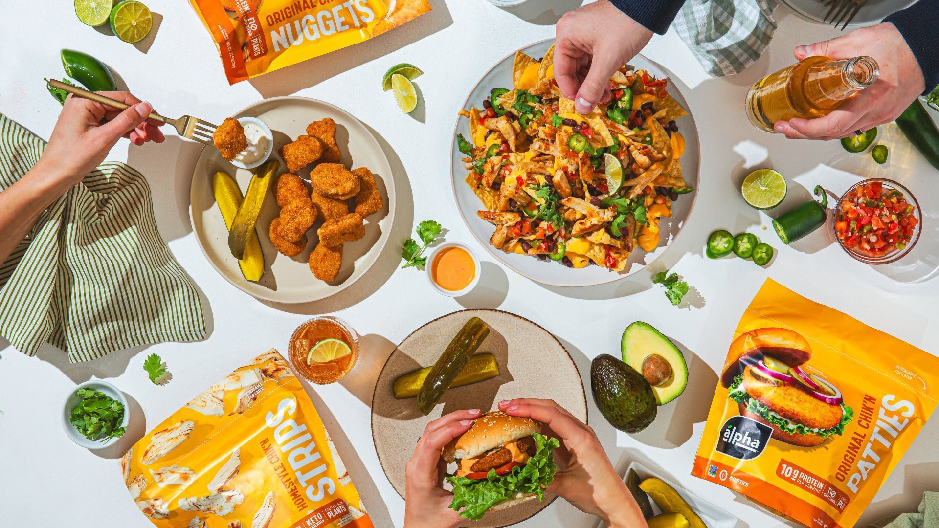 sharing a meal over drinks, flatlay