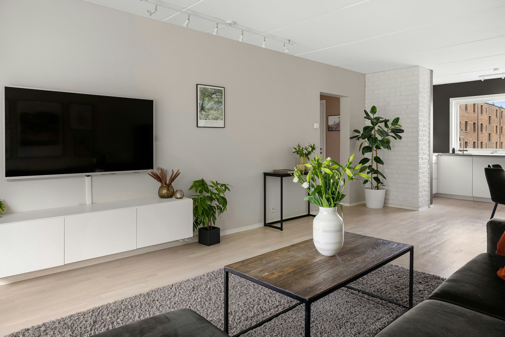 Modern living room with TV, white cabinet, sofa, plants, and coffee table.