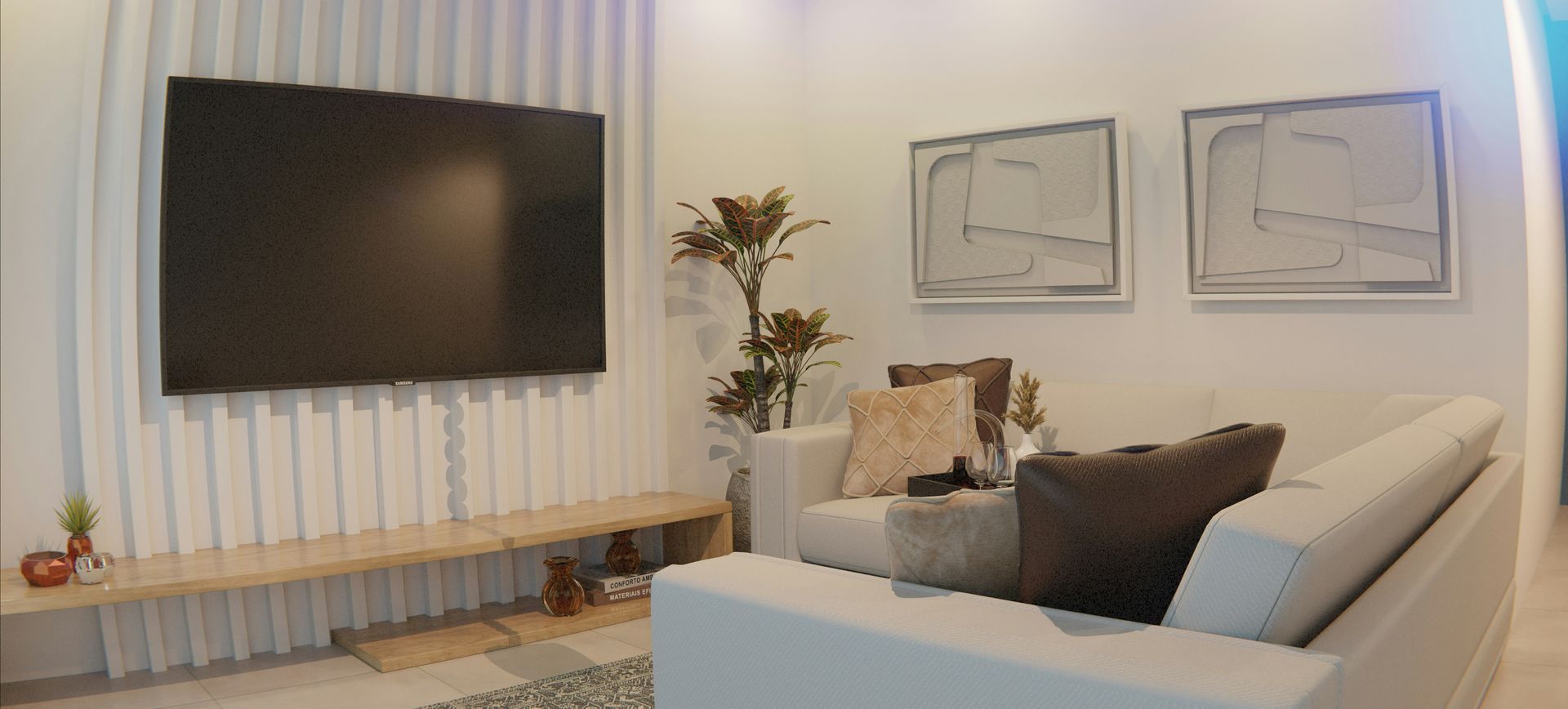 Living room with white walls, a mounted TV, a couch, artwork, and a plant.