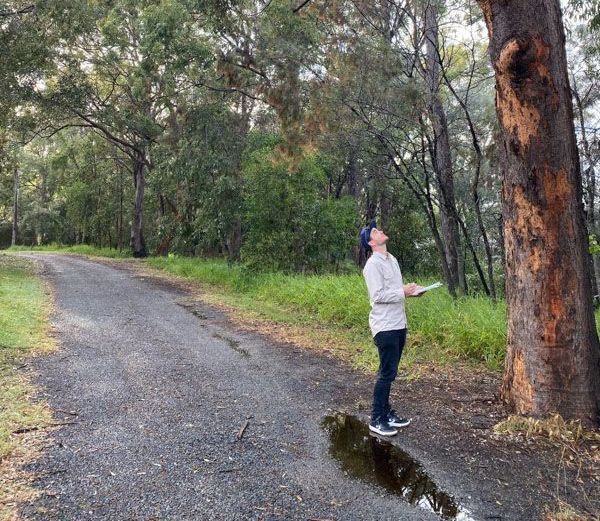 A woman is standing next to a tree on the side of a road.