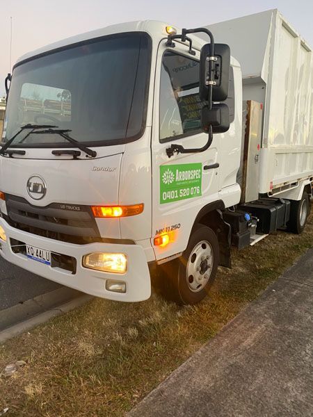 A white truck is parked on the side of the road.