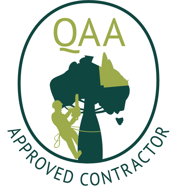 A logo for a qaa approved contractor with a man climbing a tree
