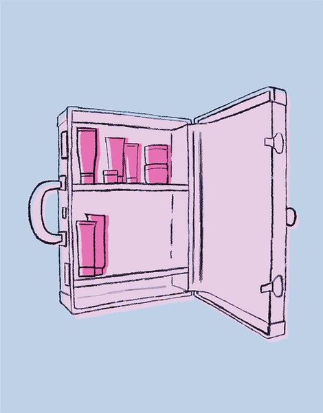 A sketch of a pink suitcase that is transformed and used as a cabinet.