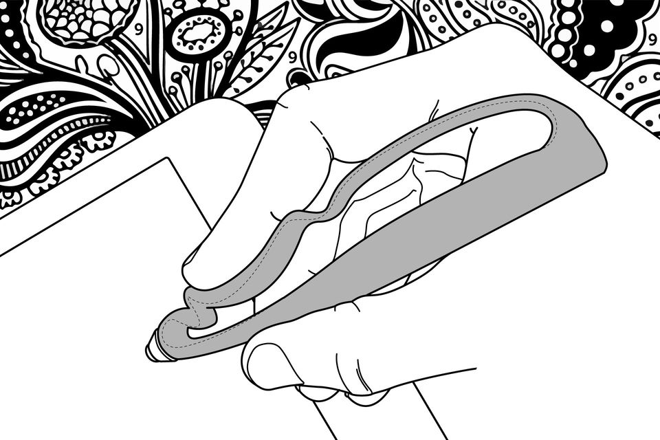 Carton picture of a person using the Scriba stylus and a tablet with a colouring book as a background