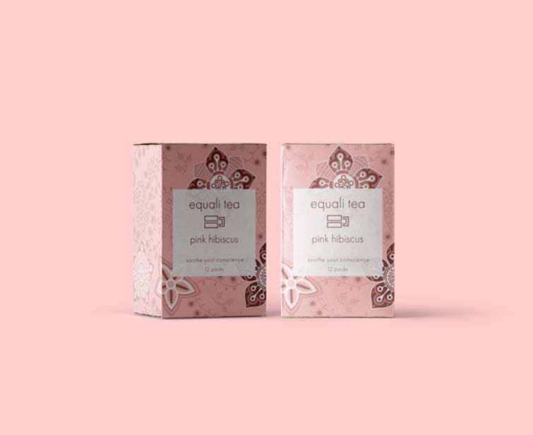Two pink boxes of hibiscus tea on a pink background