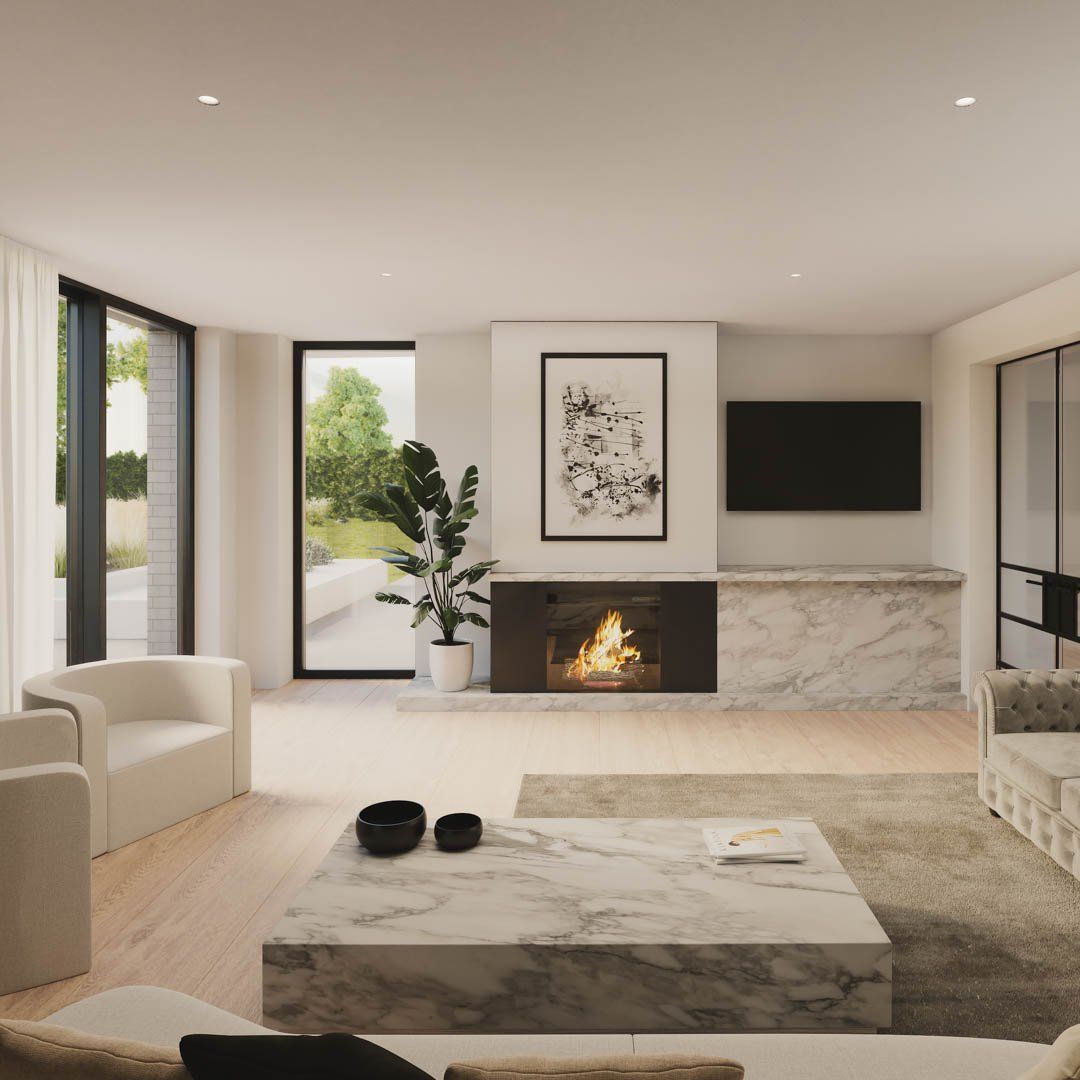 A modern, bright living room featuring an electric fireplace, creating a cozy and inviting atmosphere.
