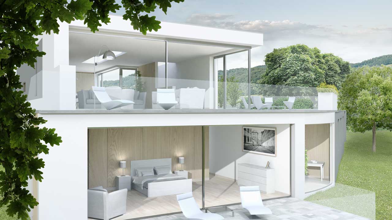 Exterior view of the bedroom and living room of the new build project by Dublin Design Studio