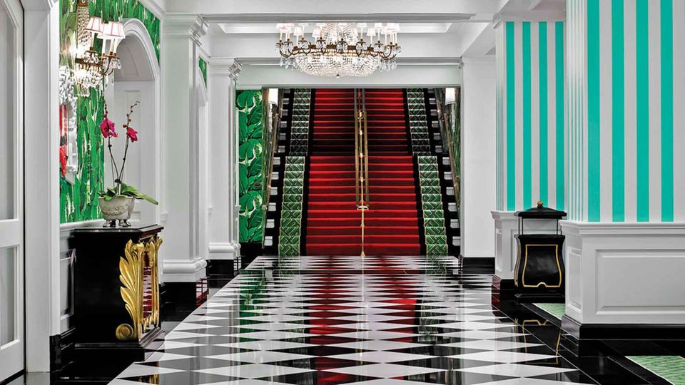 The mezzanine of the Greenbrier Hotel designed by  famous interior designer Dorothy Draper