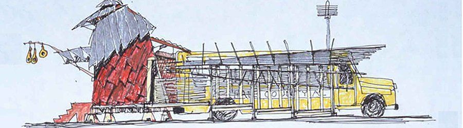 Sketch of yellow bus with a wooden house tied to the back