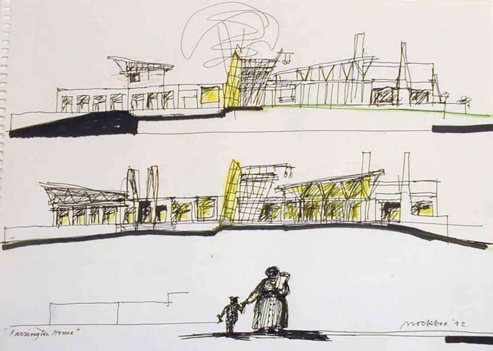 A sketch of a building and a child and adult holding hands