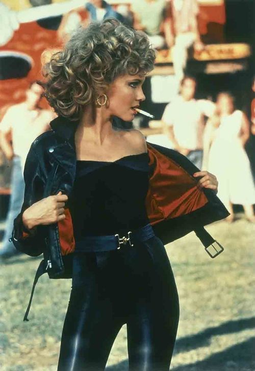 Sandy from Grease wearing iconic black leather jacket