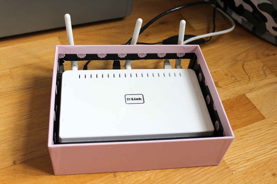 Interner router  hidden in a hollowed shoe box.