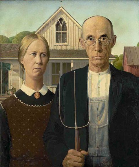 Piece of American art showing a farmer and his daughter standing in front of their home.
