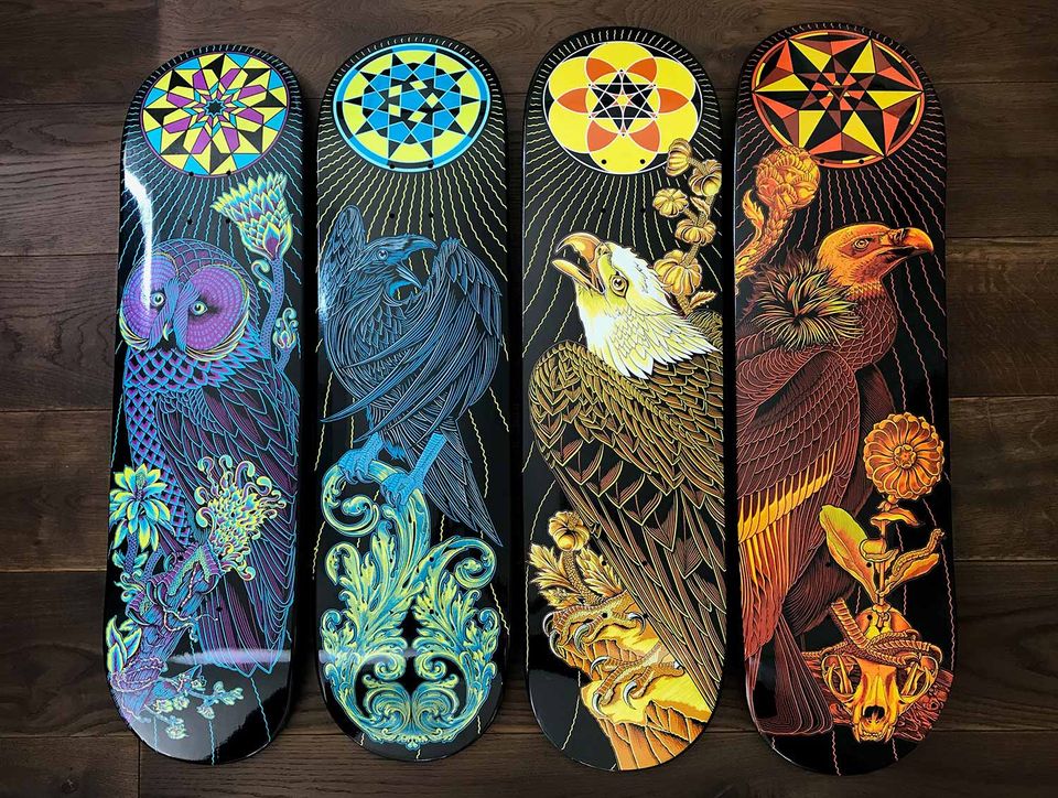 Artwork by Chris Parks on skateboards
