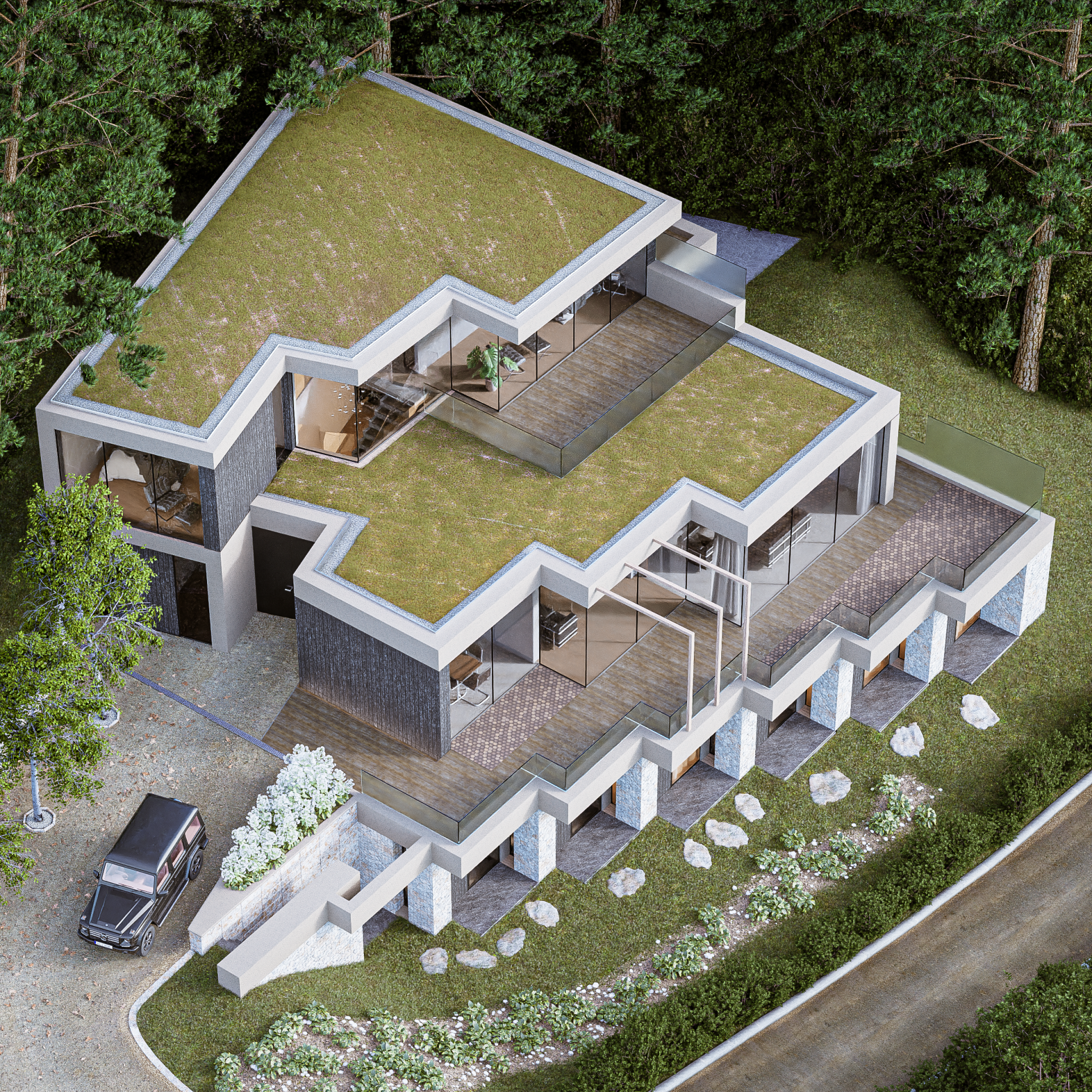 Contemporary home showcases lush green roofs and terraces, blending nature with modern architecture in Howth