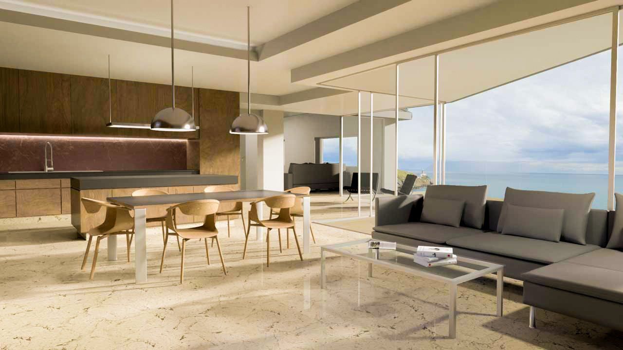 A modern interior featuring iconic furniture and views over a seascape