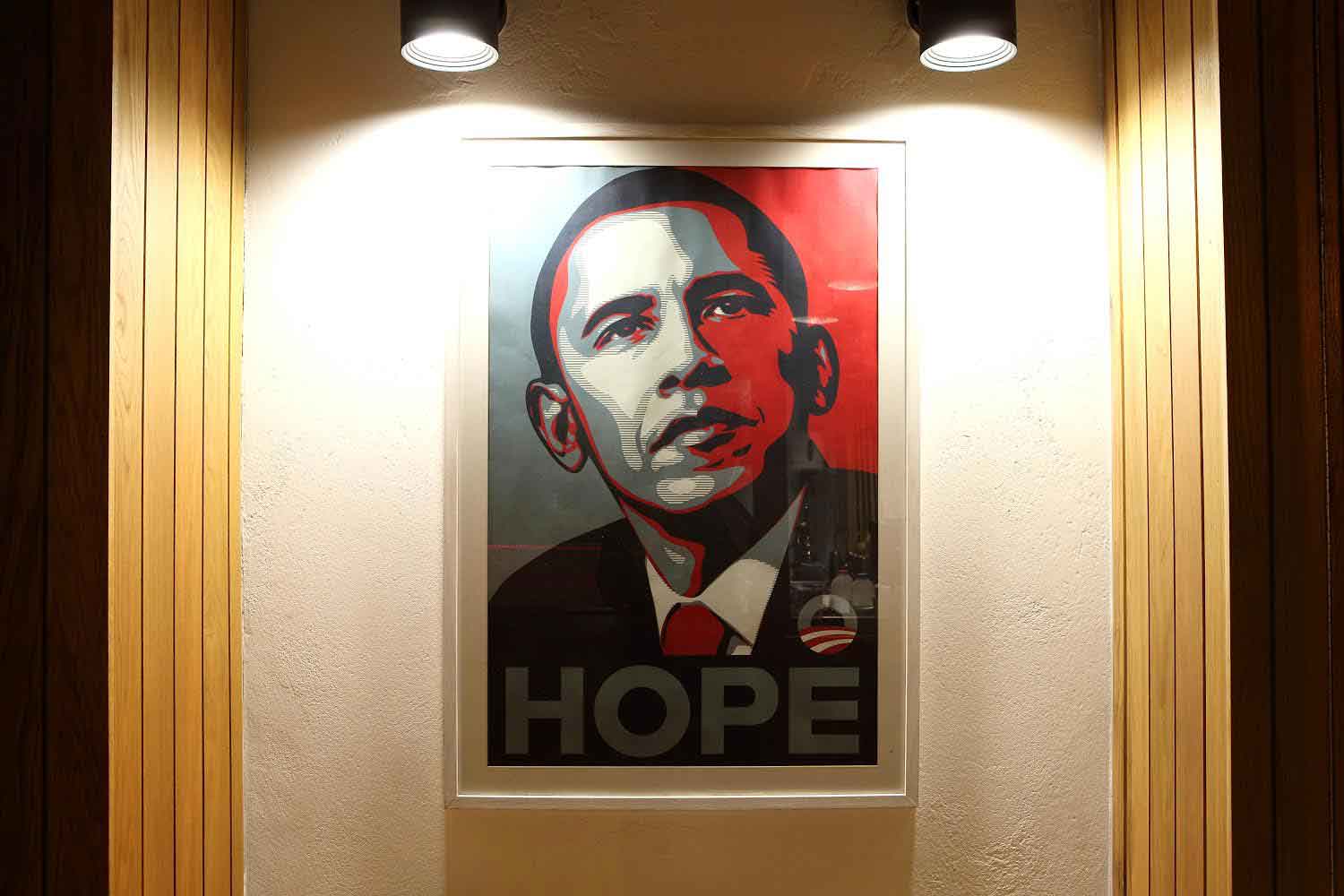 A picture of Barack Obama on the wall of the Green 19 restaurant