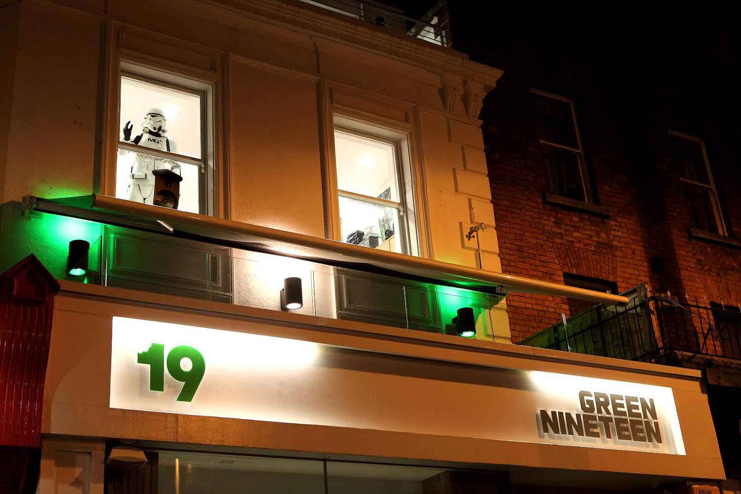 View from the outside of the Green 19 restaurant designed by Dublin Design Studio