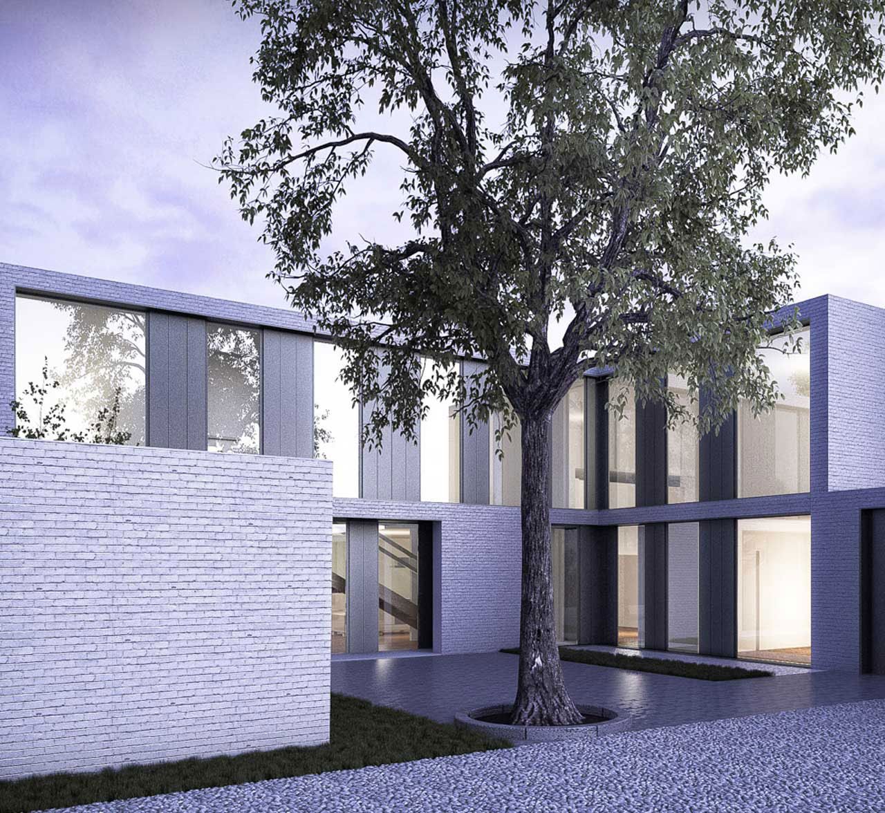 Exterior view of the design for Backland in new dwelling, 'London' with a tree in centre of the yard.