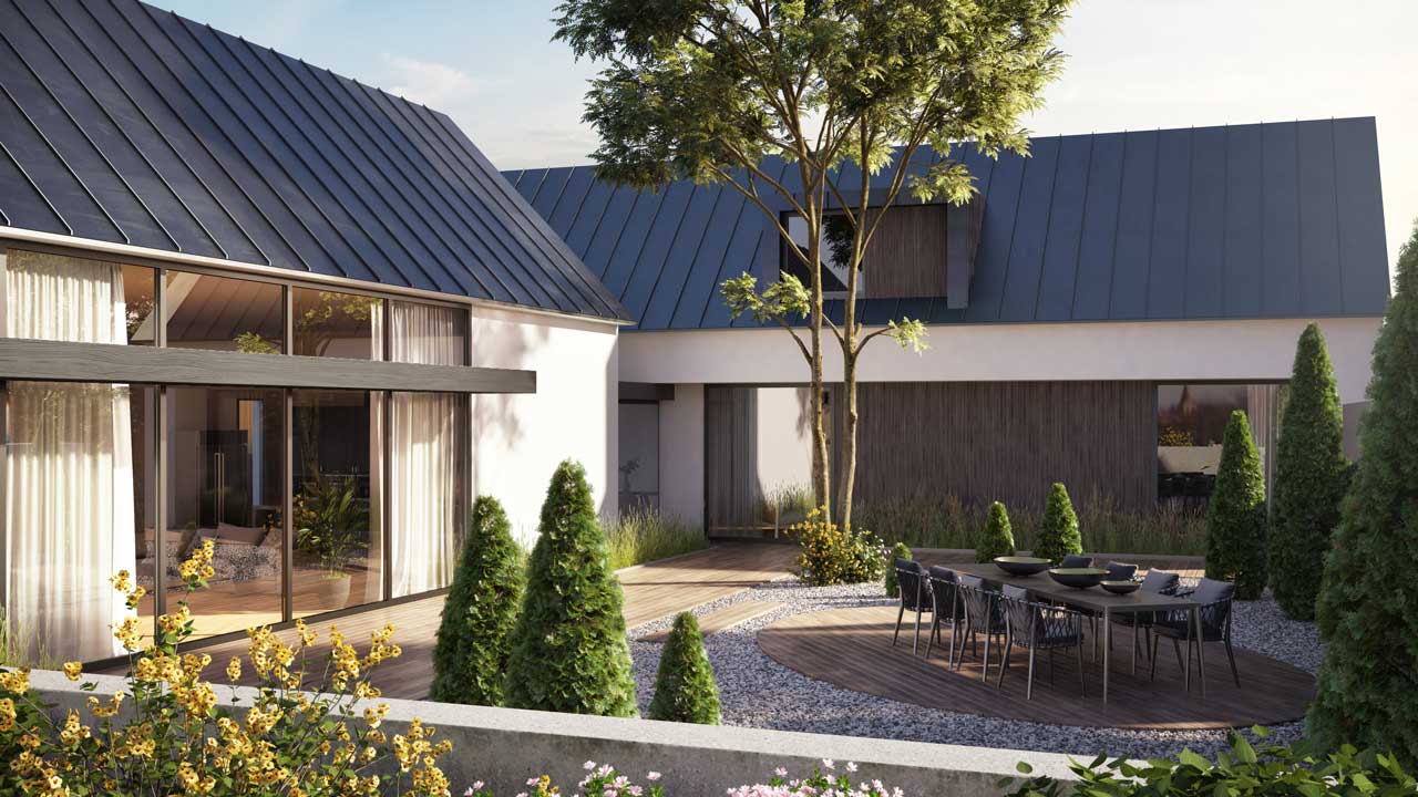 Exterior view of the Omeath new build project with outside patio by Dublin Design Studio