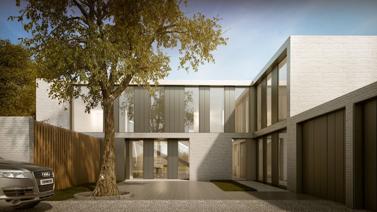 Exterior view of the design for Backland in new dwelling, 'London' with a tree in centre of the yard.