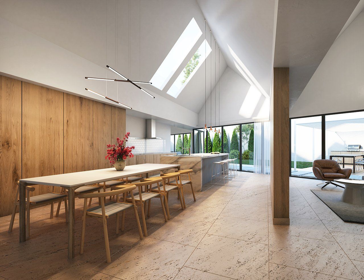 A modern house with vaulted ceilings and rooflights, offering spacious, light-filled, and elegant living spaces.