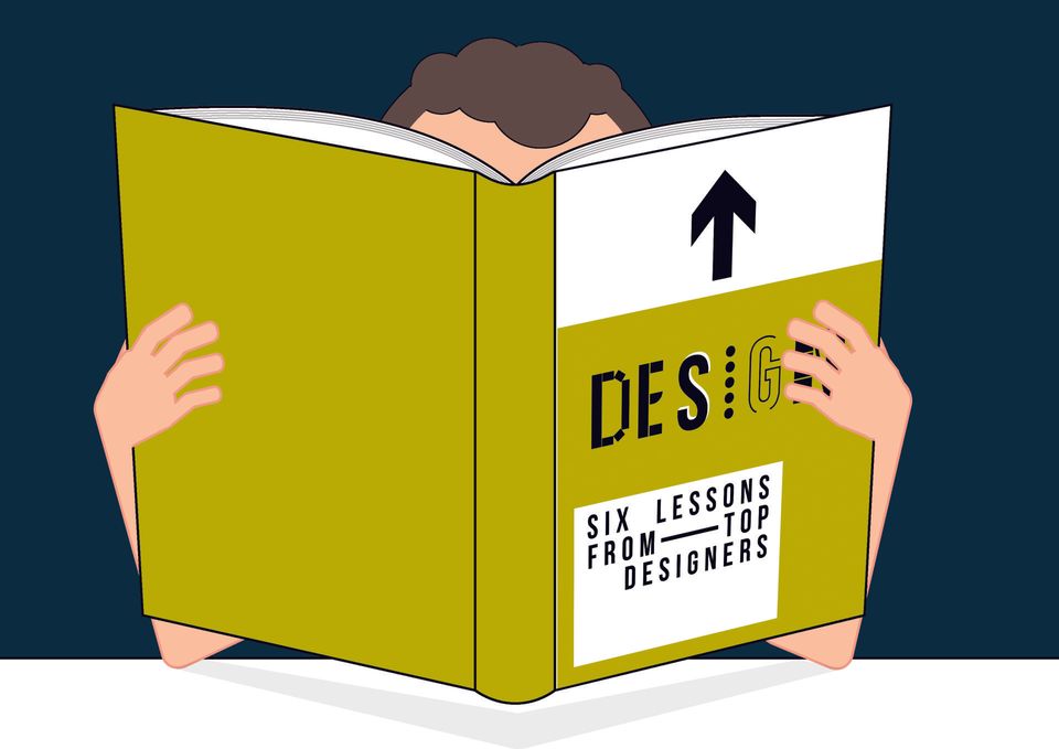 Illustration man reading siz lessons from top designers book