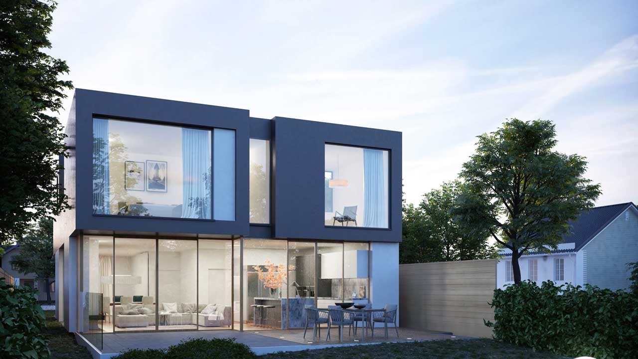 Exterior view of the back house with large windows designed by Dublin Design Studio