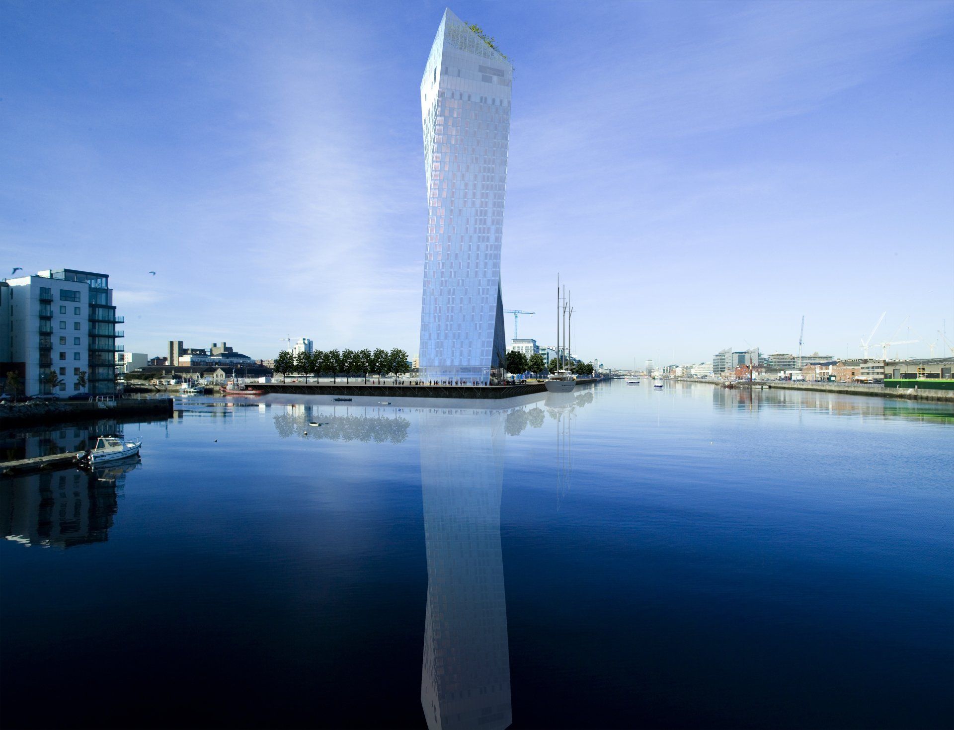 Exterior view from the other side of the river of the U2 Tower designed by Dublin Design Studio