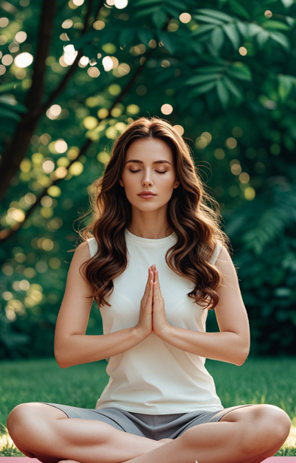 A woman is sitting in a lotus position on a yoga mat with her eyes closed.